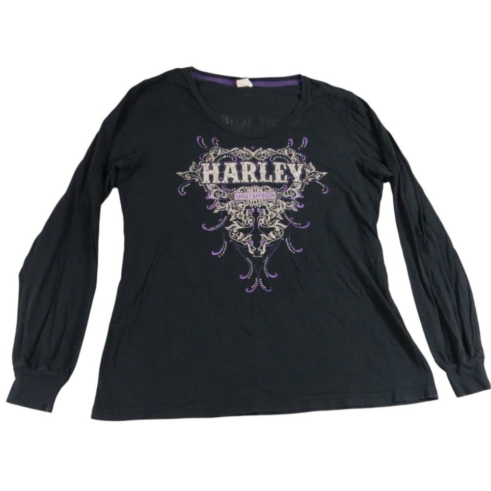Harley Davidson Shirt Women 2XL Black Purple Rhinestone Bling Fort Worth TX Long